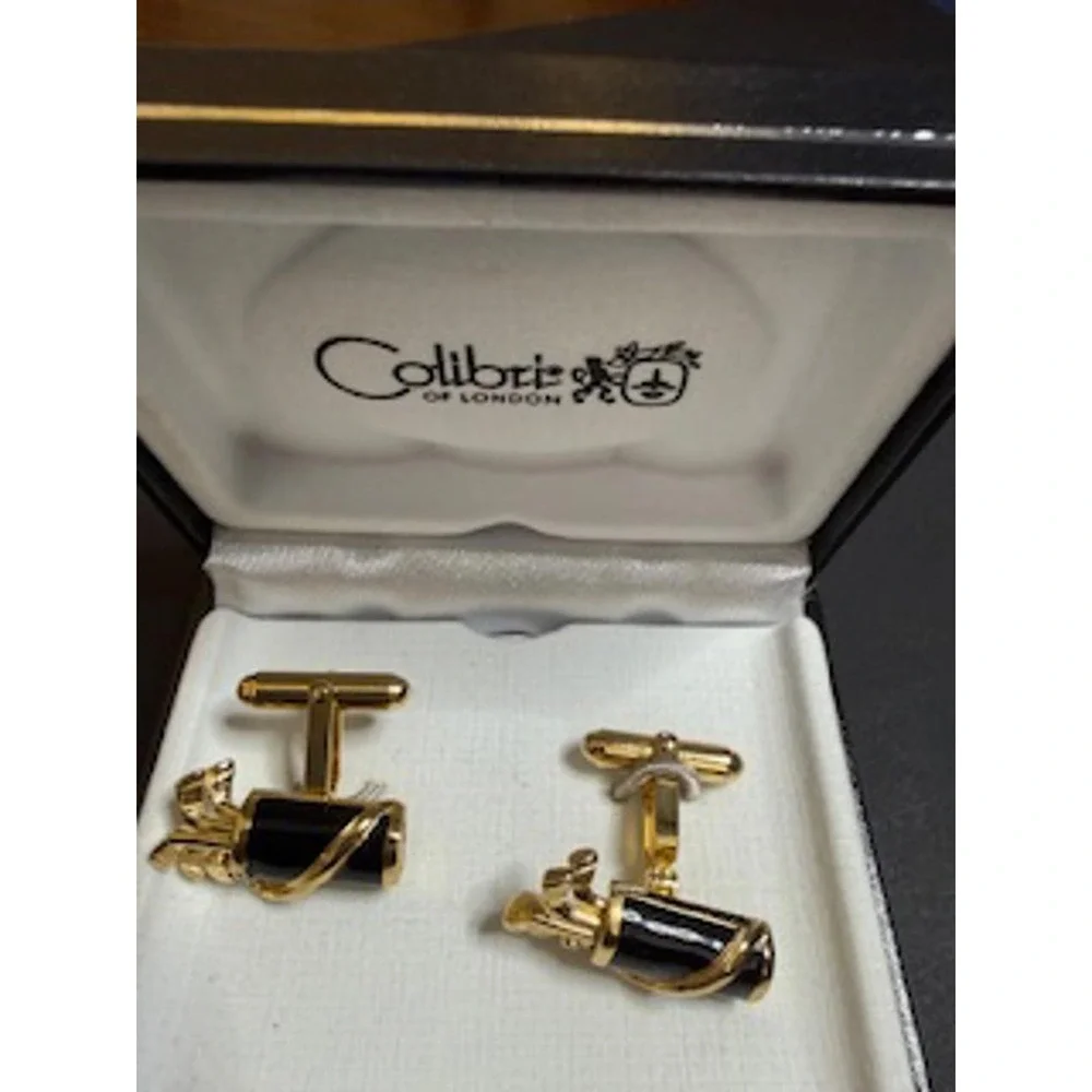 Vintage‎ Colibri of London Golf Bag Cufflinks - Gold Tone and Black Onyx NEW NOS
